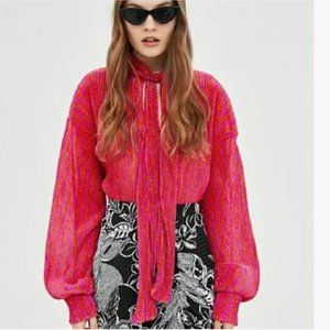 Zara Trafaluc Shimmer Metallic Crinkle Blouse in Deep Pink Size S